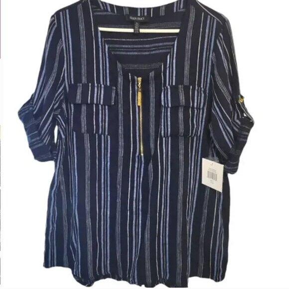 Ellen Tracy Navy and White Linen Blend Tunic Size Large NWT - Picture 2 of 7